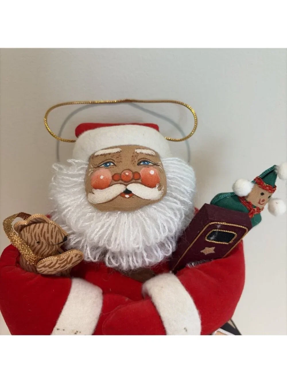 International Christmas Santa Claus Figure Holding Toys Painted Face Hanging 90s